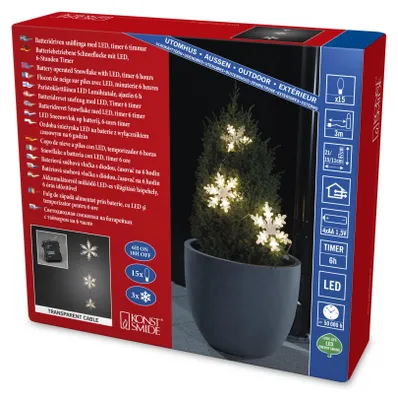 LED-Lichtvorhang, 3 Acryl-Schneeflocken, 15 warmweiße LEDs, Timer, IP44