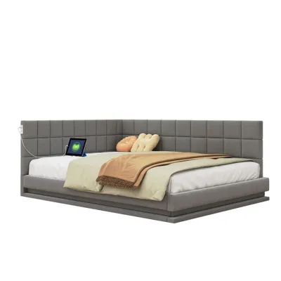 Produktbild von MODFU Schlafsofa Tagesbett 140x200cm mit LED Lichtleiste, USB Steckdose und Lattenrost, Polsterbett Daybett Kinderbett Jugendbett, Grau(Ohne Matratze)