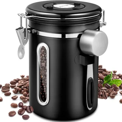 Produktbild von Kaffeedose, 1,8L Kaffeedose Luftdicht, Aromadose, Vorratsdose, Kaffeebehälter Edelstahl mit Auslassventil, mit Edelstahl Löffel