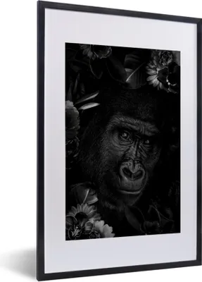 Produktbild von MuchoWow® Gerahmtes Poster Botanischer Affe auf schwarzem Hintergrund - schwarz und weiß 40x60 cm - Poster mit Schwarzem Bilderrahmen Wandposter Rahmen Foto Bilder - Poster in Rahmen