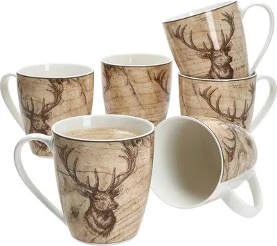 Produktbild von Rustikale Kaffeetassen mit Hirschmustern - Set aus 6 für heiße Getränke