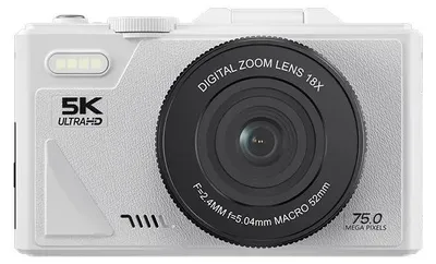 Obrázek produktu pro Digitální fotoaparát – kompaktní kamera pro vlogování – video v rozlišení 5K UHD – fotografie s rozlišením 64 MP – 18× zoom – výklopný a otočný displej – SD karta 64 GB – bílá