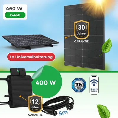 Produktbild von Balkonkraftwerk 460W mit Hoymiles HM-400 Wechselrichter-Premium 460 W Glas-Glas Full Black Modul (bifazial) (inkl. Universalhalterung)