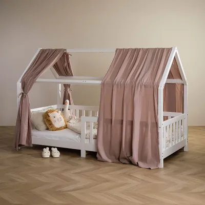Produktbild von Hausbett Himmel NENA im 2er Set in beige - Betthimmel aus 100% Baumwolle, Baldachin Musselin zweilagig, Bettvorhang für Kinder, Hausbett Deko