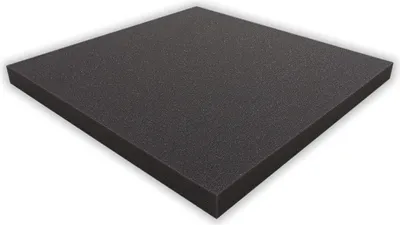A square black foam cushion is shown from a slightly elevated angle against a white background.