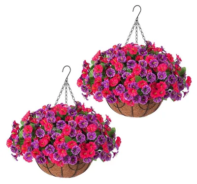 Produktbild von Künstliche Hängeblumen mit Korb, UV-beständige Kunstseiden-Prunkwinden-Ranken für den Außenbereich, ideal für Veranda, Terrasse, Garten, Balkon und Hof, Frühlings- und Sommerdekoration
