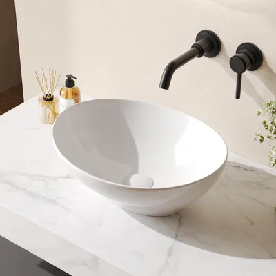 Produktbild von DeerValley Aufsatzwaschbecken Oval mit Lotus-Effekt 41 x 33,5cm, Waschbecken im modernen Art-Deco-Stil, glasiert und leicht zu reinigen für Badezi