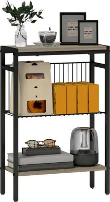 Produktbild von Schmaler Beistelltisch - Konsolentisch - 3 Ebenen - Offene Ablagen - Holz - 43×18×62,5 cm - Grau
