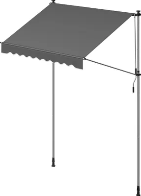 A gray awning with support poles and a crank mechanism, shown against a white background.