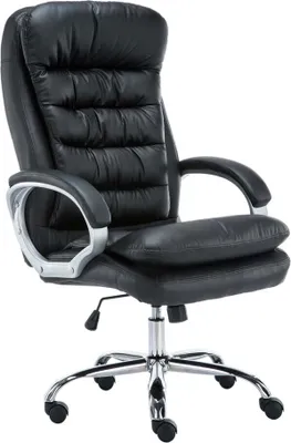 A black office chair with silver accents is shown against a white background.