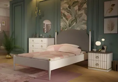 Produktbild von Weißes Kinderzimmer-Set aus Holz mit Bett, Schrank, Schreibtisch