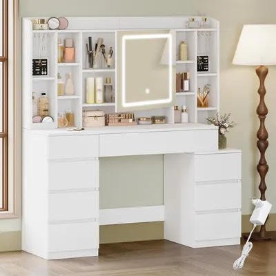 Immagine prodotto di Comò con specchio, colore bianco, larghezza 120 cm, dotato di 8 cassetti e 11 vani aperti
