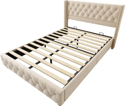 Obrázek produktu pro okwish Polstrovaná postel manželská 160x200 cm s laťkovým roštem a čelem, knoflíkové čalounění, čalounění s nýty, samet, světle béžová (bez matrace)
