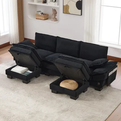 Produktbild von okwish Modulares Sofa 3-Sitzer mit 2 Hocker Ergonomische Breite Sitzfläche Loungesofa mit USB-C Anschluss Wohnzimmersofa mit Seitentaschen Wohnzimmer Corduroy Schwarz
