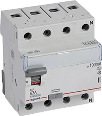 Image de Disjoncteur différentiel Legrand type A, 10 kA, 63 A, 4 pôles, 100 mA, 1 pièce.