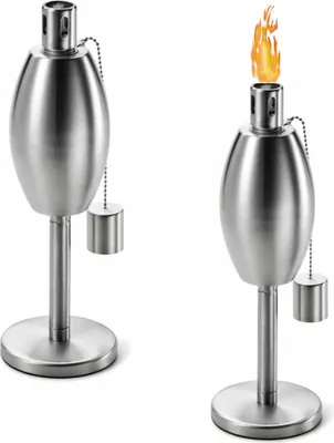 Produktbild von FIRE & DECO - Öl-Standfackel - Öllampe mit ovalem Ölbehälter, gebürstetem Edelstahl und Deckel/Löschkappe - 27 x 10 cm - 2 Stück