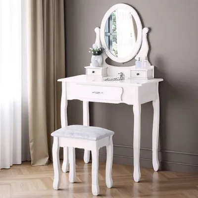 Immagine prodotto di Comò da trucco con sgabello e specchio girevole a 360° - 3 cassetti - Bianco