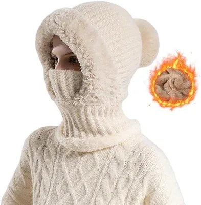 Obrázok produktu pre Dámska zimná čiapka 3 v 1 – béžová – fleece – teplá zimná čiapka so šálom – vetruodolná – pletená – dámska sada čiapok