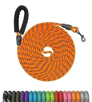 Image de Laisse de sécurité pour chiens, 15 mètres, nylon orange, poignée rembourrée, mousqueton verrouillable