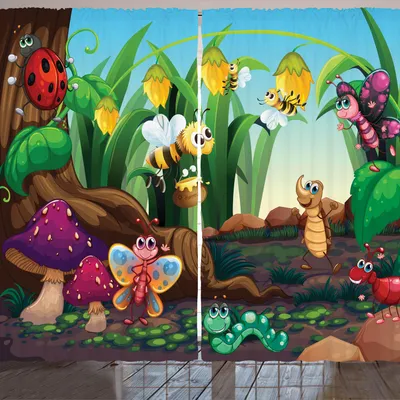 Produktbild von ARANDE Tier Gardine, Marienkäfer-Schmetterlings-Biene in der exotischen Garten-Botanik-netten Kinderbaumschule-themenorientierten Karikatur-Kunst, 280 x 260 cm, Mehrfarbig