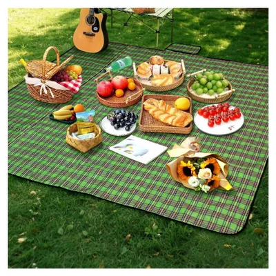 Produktbild von Picknickdecke, 200 x 200 cm, wasserdicht, tragbar und faltbar, große Strandmatte, waschbare Picknickdecken für 3-4 Personen für Outdoor, Camping, Strand, Park, Picknick (grün gestreift)