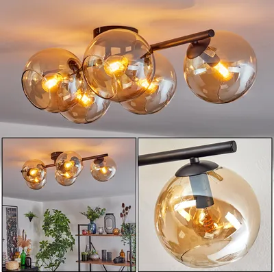 Produktbild von Fossobiubo 5-flammige Deckenlampe aus Metall/Glas in Schwarz/Bernsteinfarben