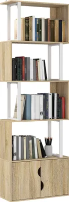 Produktbild von HOMCOM 5-stufiges Bücherregal, S-förmiges Aufbewahrungsmöbel mit Regalböden und Doppeltürschrank, Aufbewahrungsregal für Wohnzimmer, Schlafzimmer, Büro, 60 x 23,8 x 179,2 cm, Holzoptik