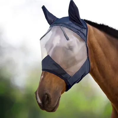 Productafbeelding van Vliegenmasker voor paarden, half gezicht, met oren, zwart/zilver, retro-stijl, geschikt voor kleine pony's