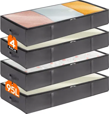 Produktbild von 95L Aufbewahrungstasche, Unterbettkommode, 4 Stš¹ck Transporttasche, Umzugstaschen, Aufbewahrungsbox mit deckel, Faltbare Kleidung Aufbewahrung fš¹r Bettdecken Kleidung, Grau