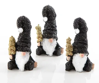 Produktbild von 3 kleine Wichtel Figuren - schwarz weiß gold glitzernd 8 cm