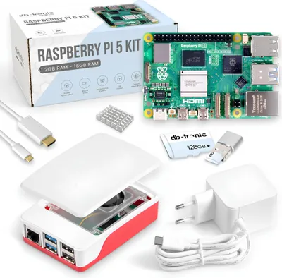 Obrázek produktu pro Raspberry Pi 5 8GB Starter Kit | 128GB Edition | Oficiální 27W napájecí zdroj | Oficiální pouzdro s ventilátorem | 4K Micro HDMI kabel 1m | Hliníkový chladič