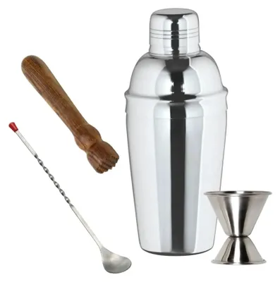 Produktbild von Edelstahl Cocktail Shaker Set - 3-teilig mit Stößel, Barlöffel & Jigger - Für Professionelle Cocktails & Drinks