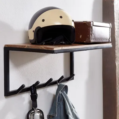 Produktbild von WOHNLING Design Wandgarderobe Akazie Massivholz / Metall 70x27x30 cm Hakenleiste mit Ablage Flurgarderobe Garderobe Wand Holz