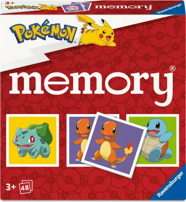The image shows the front of a Pokemon Memory game box. The box features illustrations of Pikachu, Bulbasaur, Charmander, and Squirtle.
