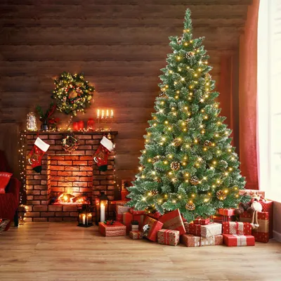 Produktbild von FIVMEN 210 cm Weihnachtsbaum Künstlich mit mit Warm Beleuchtung 350 LED PVC Tannenbaum Künstlicher Weihnachten Deko mit Schnee und Kiefernzapfen