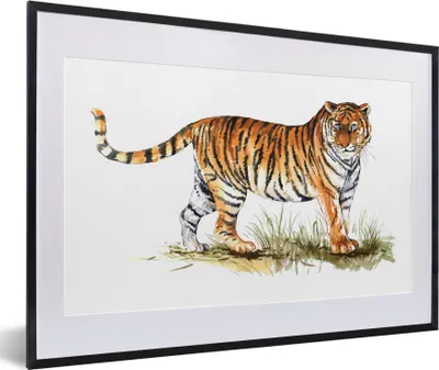 Produktbild von MuchoWow® MuchoWow® Gerahmtes Poster Tiger - Gras - Weiß 60x40 cm - Poster mit zchwarzem Bilderrahmen - Schlafzimmer - Plakat in Rahmen - Drucken
