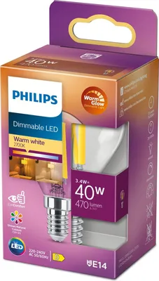 Zdjęcie produktu dla Philips Przezroczysta żarówka LED Filament 40 W P45 E14, 3,4 W, 40 W, E14, 470 lm, 25000 h, Ciepły blask