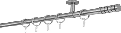 A metal curtain rod with rings, mounted on a white background.