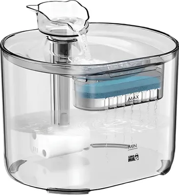 Obrázok produktu pre Automatický dávkovač vody v tvare fontány pre psy a mačky, Linomag®, čistenie a filtrácia vody pomocou aktívneho uhlia, bezhlučný, nastaviteľný prietok, 2,2 l, priehľadný