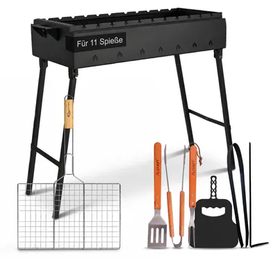 Produktbild von Mangal Stahl 2 mm 70 cm für 11 Spieße Grillrost Holzgriff, Grillbesteck, Grillfächer, Holzkohlegrill BBQ für Spieße oder Grillrost Schaschlik Shashlychnik Grill