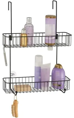 Produktbild von Duschablage Tür 2 Körbe mattschwarz mit Saugnäpfen 2 Haken Duschregal mDesign