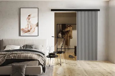 Produktbild von Schwebetür 60 cm Belor - Schiebetür mit Lamellen imitation, Design Zimmertür - Schiebetürsystem (Weiß)