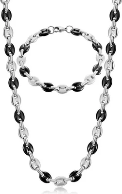 Produktbild von AFSTALR Kaffeebohne Halskette Armband Set Herren Edelstahl Silber Schwarz 6mm 56cm