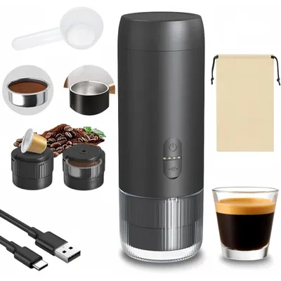 2-in-1 Tragbare Elektrische Espressomaschine,20 Bar Reise-Kaffeemaschine mit USB-C, kompatibel mit Kaffeepulver & Kapseln für Wohnmobil, Wandern, Büro