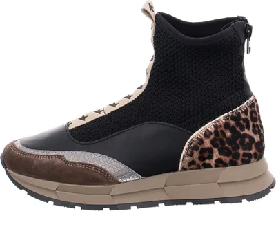 A side view of a single black winter boot with leopard print accents.