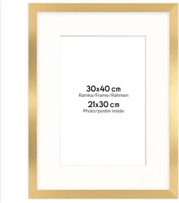 Immagine prodotto di Cornice FRAMAI® 30x40 cm in oro - con passe-partout - cornice in legno MDF, plexi infrangibile, ecologico, con sospensione - formato verticale e orizzontale