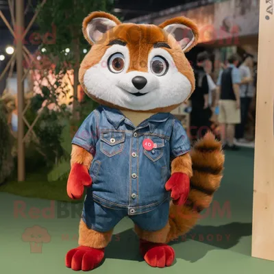 Immagine prodotto di Personaggio del costume della mascotte REDBROKOLY del panda rosso marrone vestito con pantaloncini di jeans e gemelli