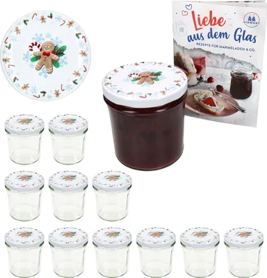 A set of 12 glass jars with lids, a plate, and a recipe book, all with a Christmas gingerbread theme.