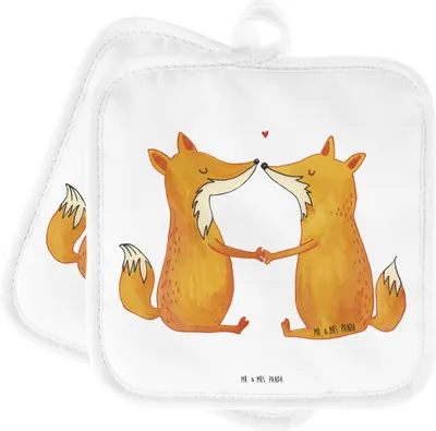 Produktbild von Mr. & Mrs. Panda Kochlappen Füchse Liebe - Weiß - Geschenk, Topfuntersetzer, Freundin, Topflappenset, Topflappen 2er Set, topfhalter, Fuchs, Paar, Partner, Verlobte