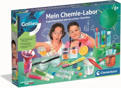 A product box for a children's chemistry lab kit, showing two children engaged in experiments.